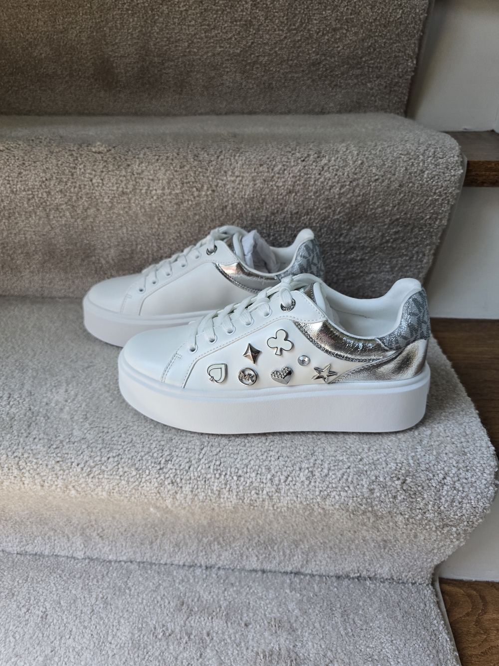 Michael Kors White Platform Sneakers with Silver Accents and Studs